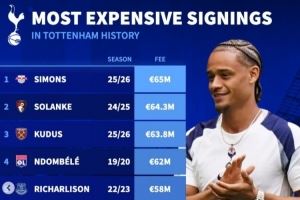 列维热刺生涯最贵引援榜：西蒙斯压索兰克成标王，孙兴慜未进前十